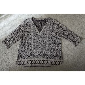 Lucky Brand Women’s Boho Floral Tunic Top 1X Black Cream 3/4 Sleeve